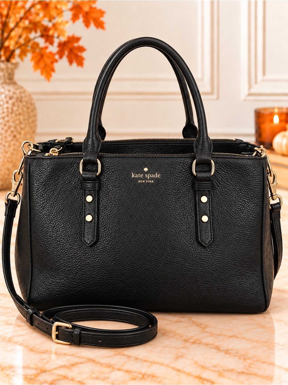 kate spade Black Pebbled Leather Satchel with Gold Hardware